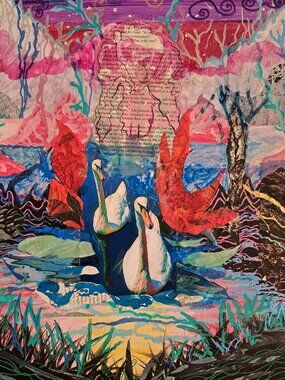 16x20 Vibrant mixed media collage on canvas. This piece features two swans as th